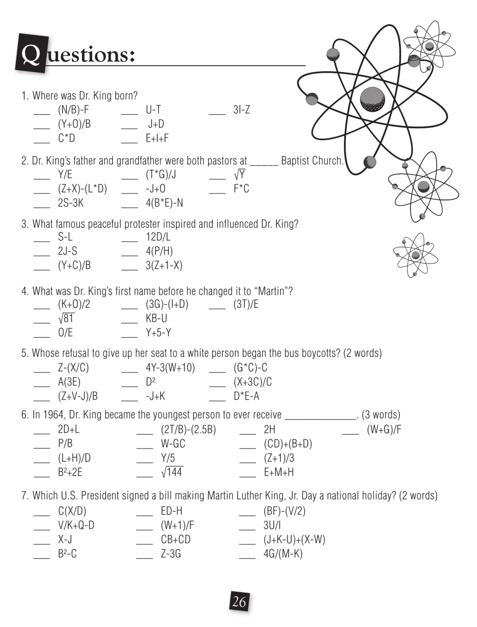 Martin Luther King, Jr. questions: seven items where students solve letter-value algebra expressions to decode each answer