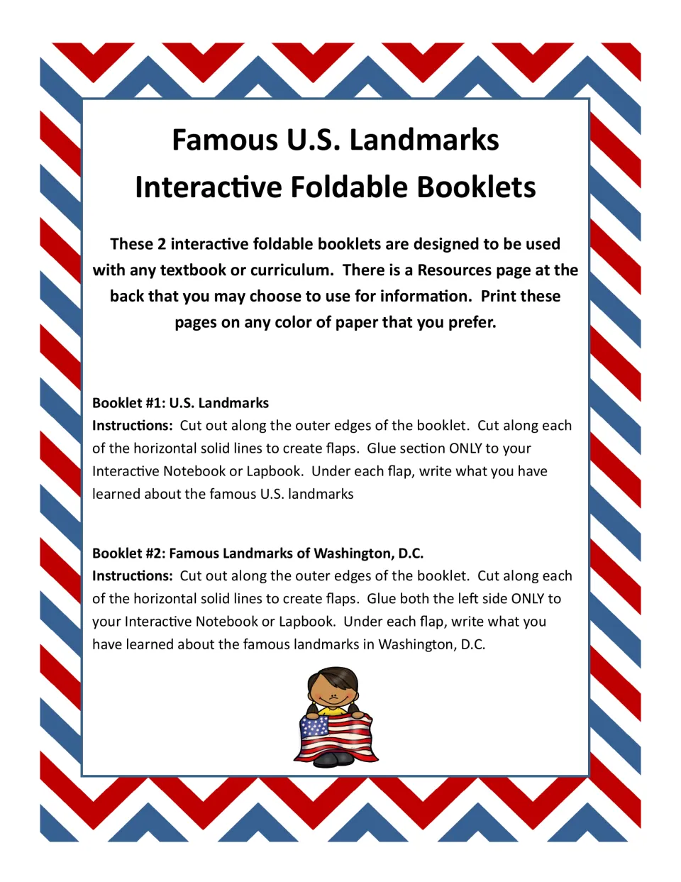 Instructions for both landmark booklets: cut out the templates, create flaps, glue, and write beneath each flap.