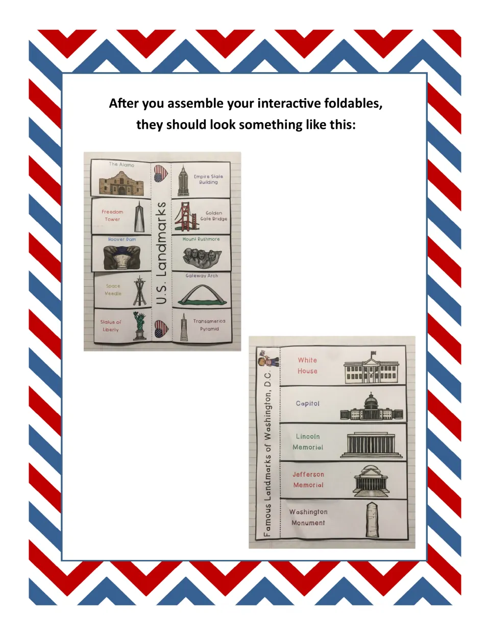 Assembled booklet examples show 10 U.S. landmark flaps and five Washington, D.C., landmark flaps in notebooks.