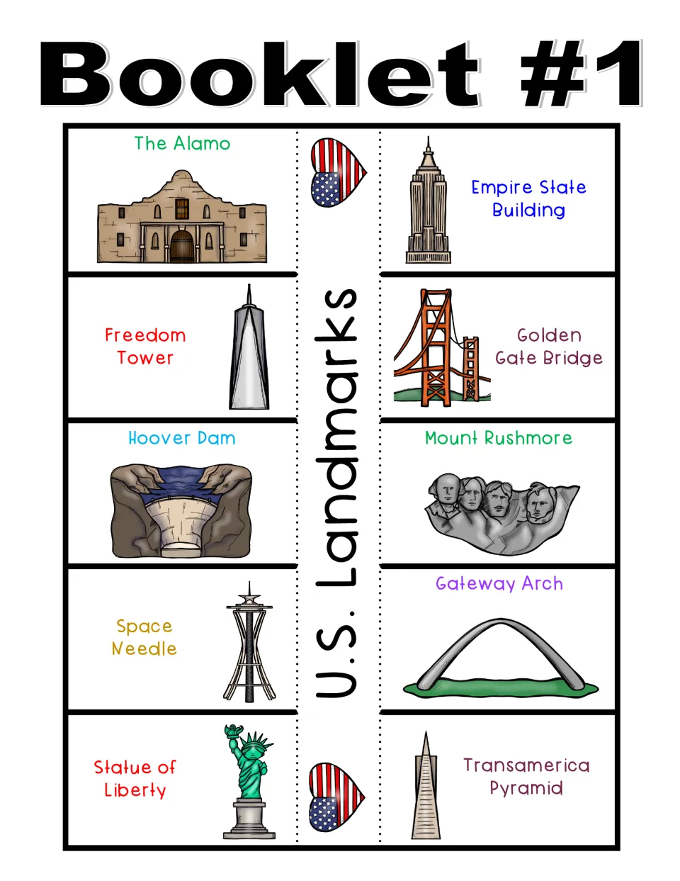 Booklet #1 template has 10 illustrated landmark flaps, including the Alamo, Hoover Dam, and Statue of Liberty.