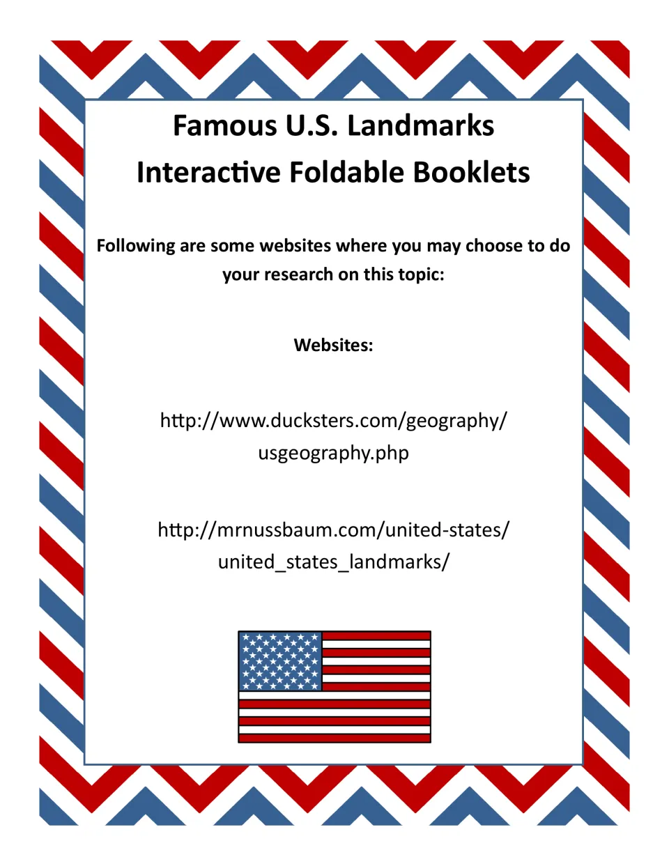 Research resource page lists Ducksters and MrNussbaum websites for gathering information about U.S. landmarks.