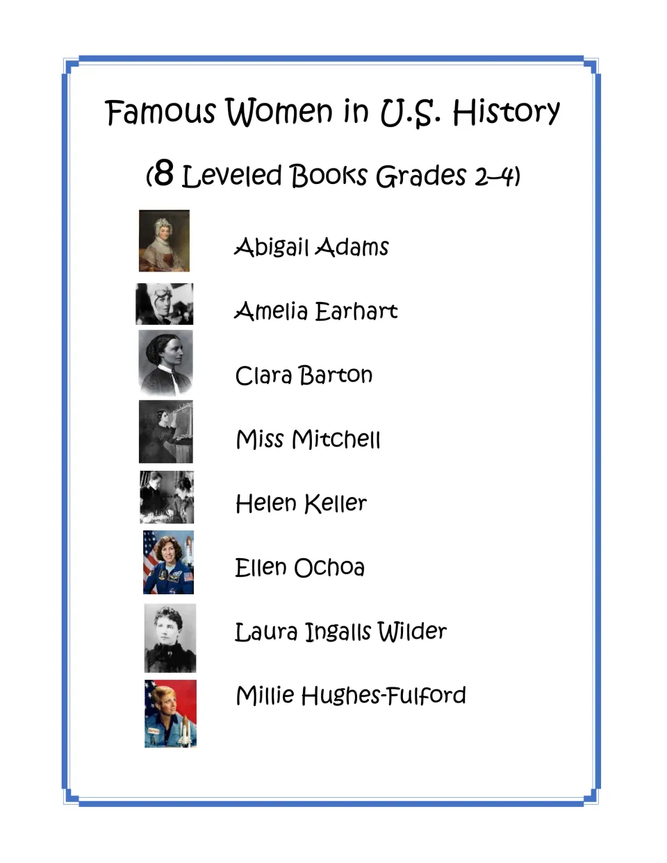 Famous Women in U.S. History cover listing 8 leveled books, Abigail Adams to Millie Hughes-Fulford, each with a portrait