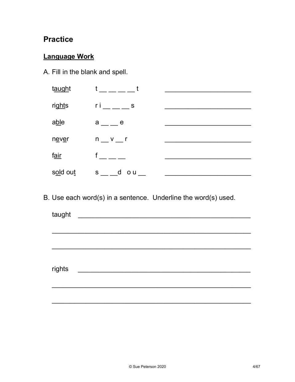 Vocabulary practice: students fill in missing letters to spell taught, rights, able and more, then write sentences