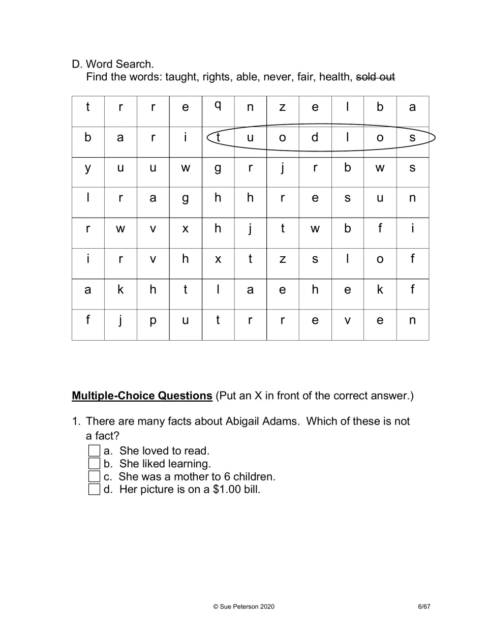 Word search for the story's vocabulary with sold out circled as a model, plus a question on which fact is false