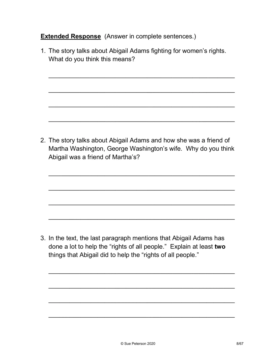 Extended response: students answer in full sentences about women's rights, Martha Washington and the rights of all people