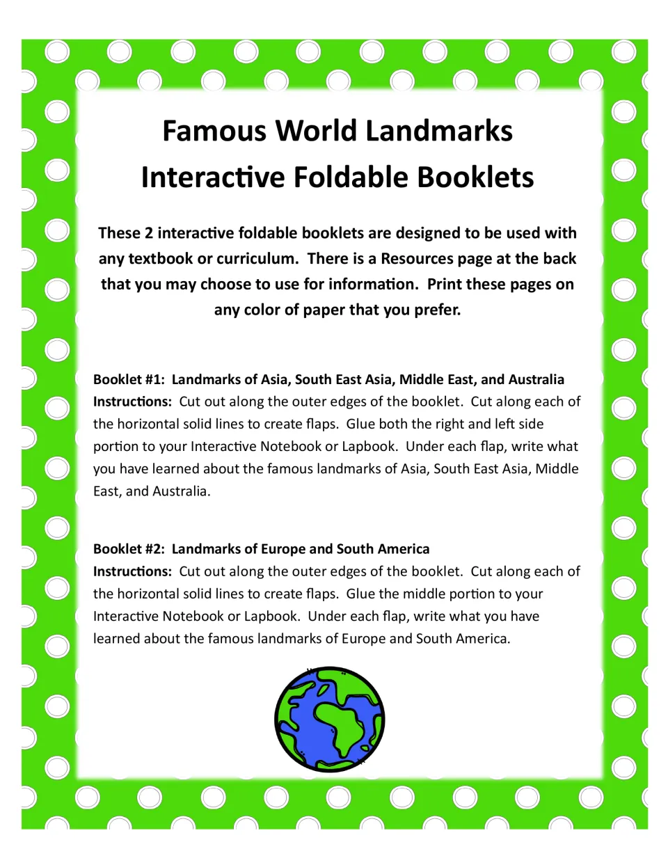 Instructions for both landmark booklets: cut flaps, glue designated portions, and write facts underneath