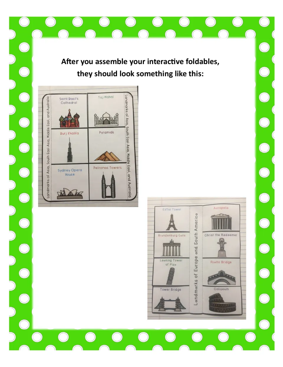 Completed examples of the six-flap and eight-flap landmark booklets attached to lined notebook paper