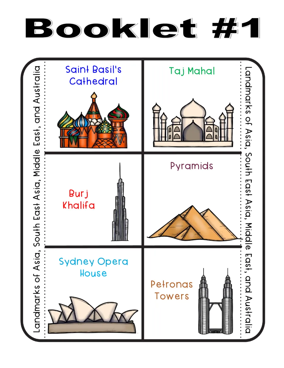Booklet #1 template: six illustrated flaps featuring Saint Basil's Cathedral, Taj Mahal, and four more