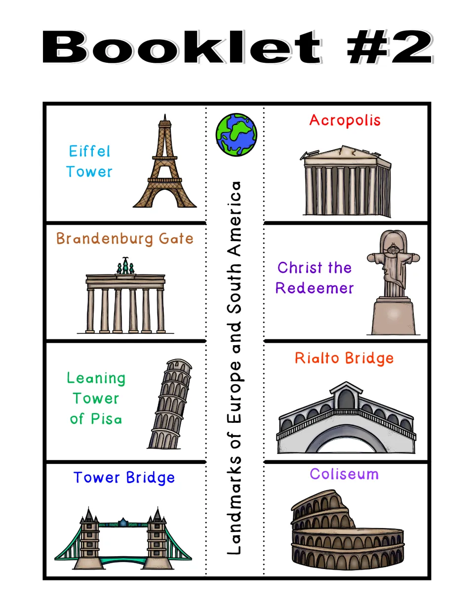 Booklet #2 template: eight illustrated flaps featuring Eiffel Tower, Acropolis, and six more landmarks