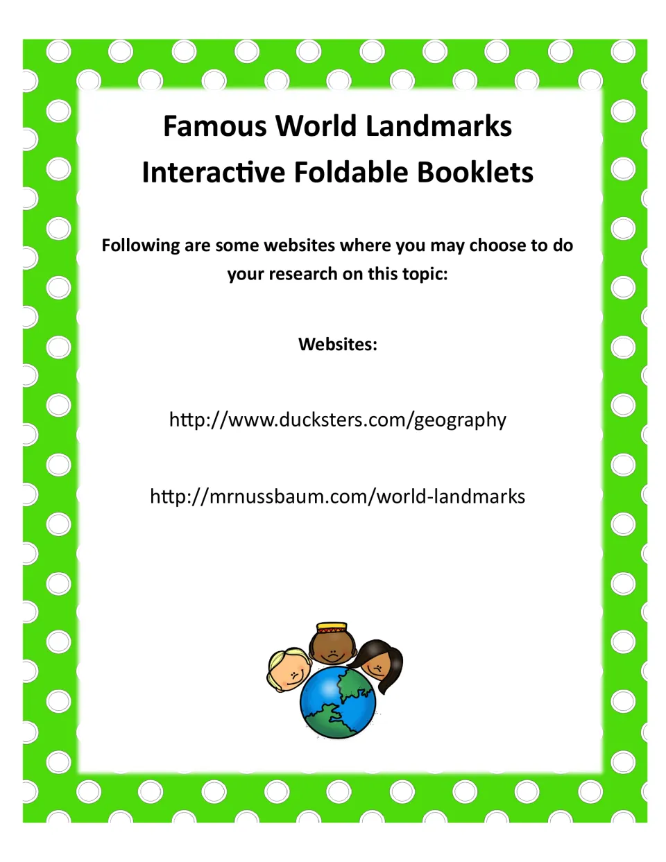 Research resources for the landmark booklets list Ducksters geography and MrNussbaum world-landmark websites