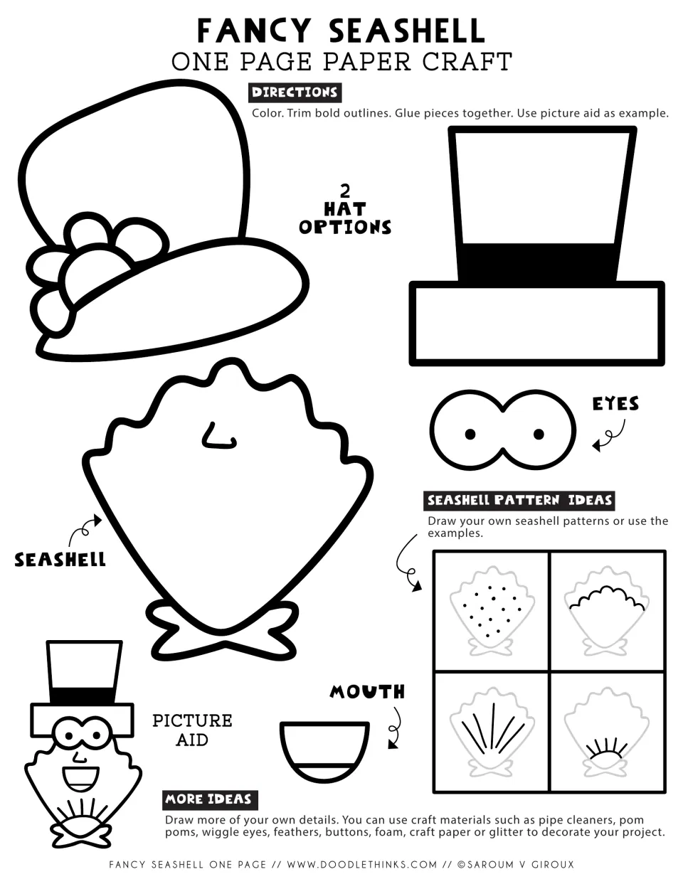 Fancy seashell craft template: students color and cut out a shell, eyes, mouth and one of 2 hats, then glue them together