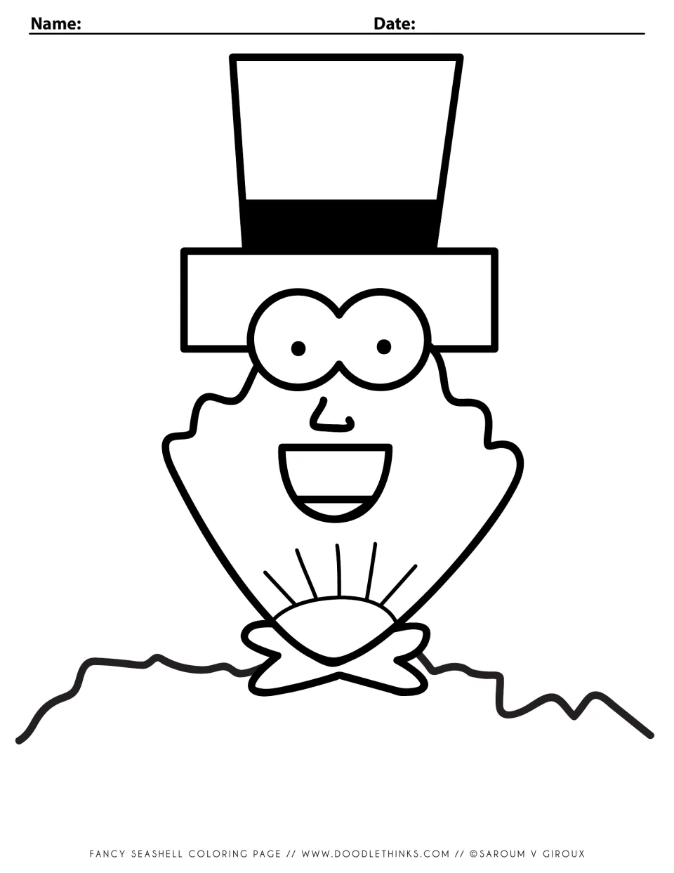 Fancy seashell coloring page: students color a smiling shell character in a top hat with big eyes and a bow-shaped base