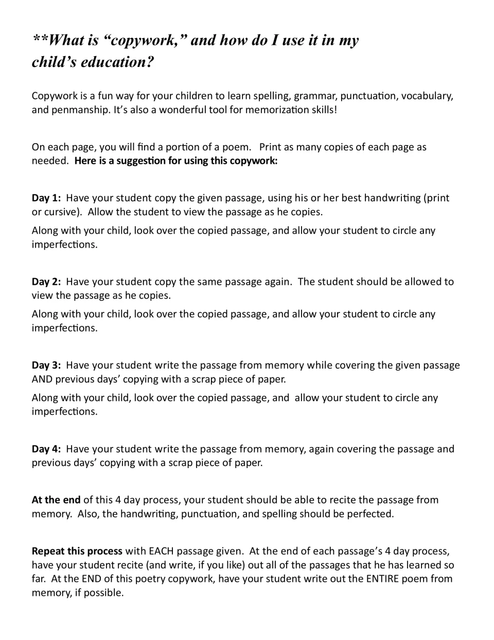 Parent guide to copywork: a 4-day plan to copy each poem passage twice, then write it from memory twice