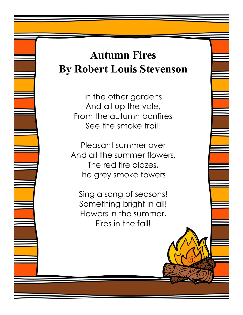 'Autumn Fires' by Robert Louis Stevenson, full three-stanza poem beginning 'In the other gardens'