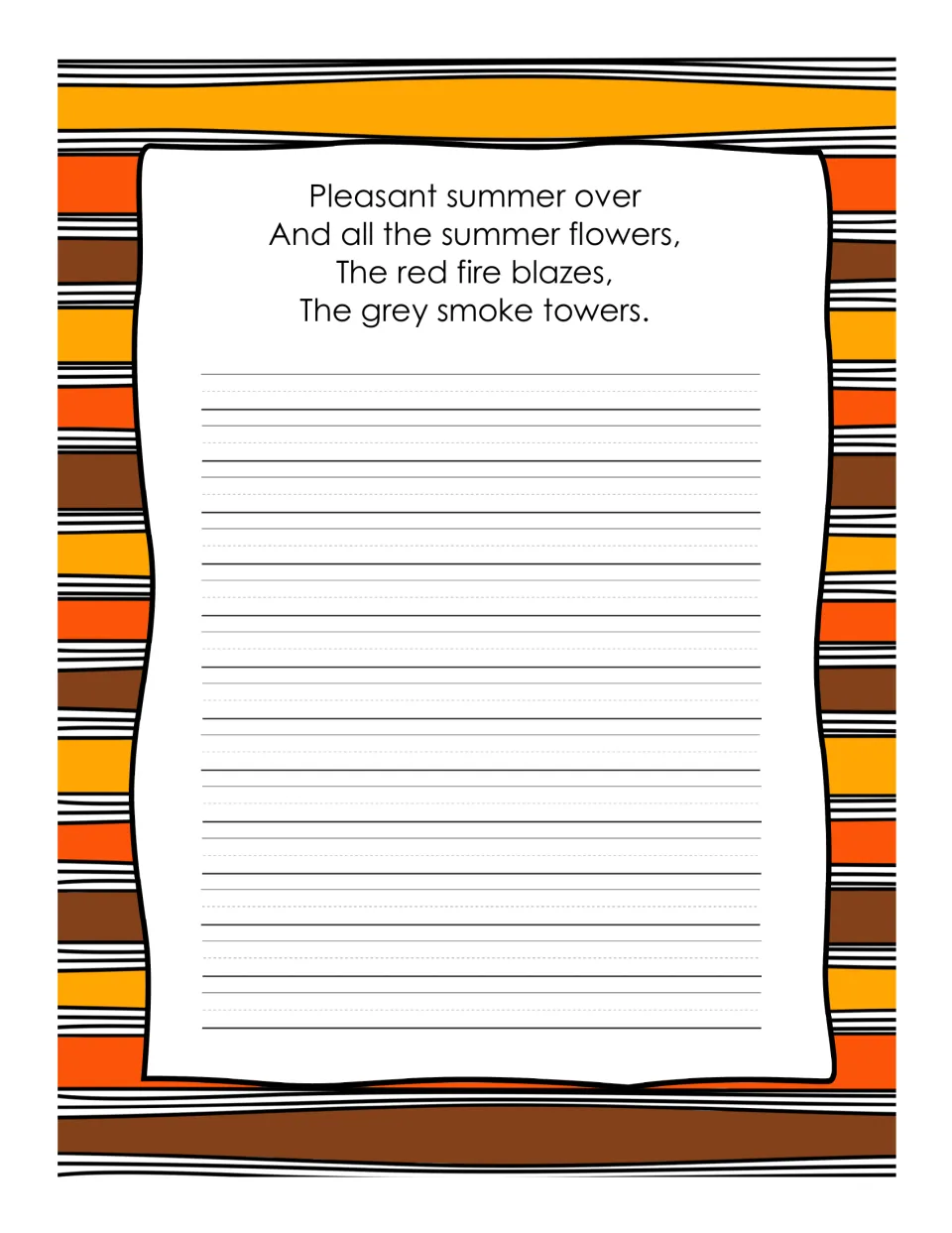Copywork for stanza 2 of 'Autumn Fires': 'Pleasant summer over / And all the summer flowers...' to copy by hand
