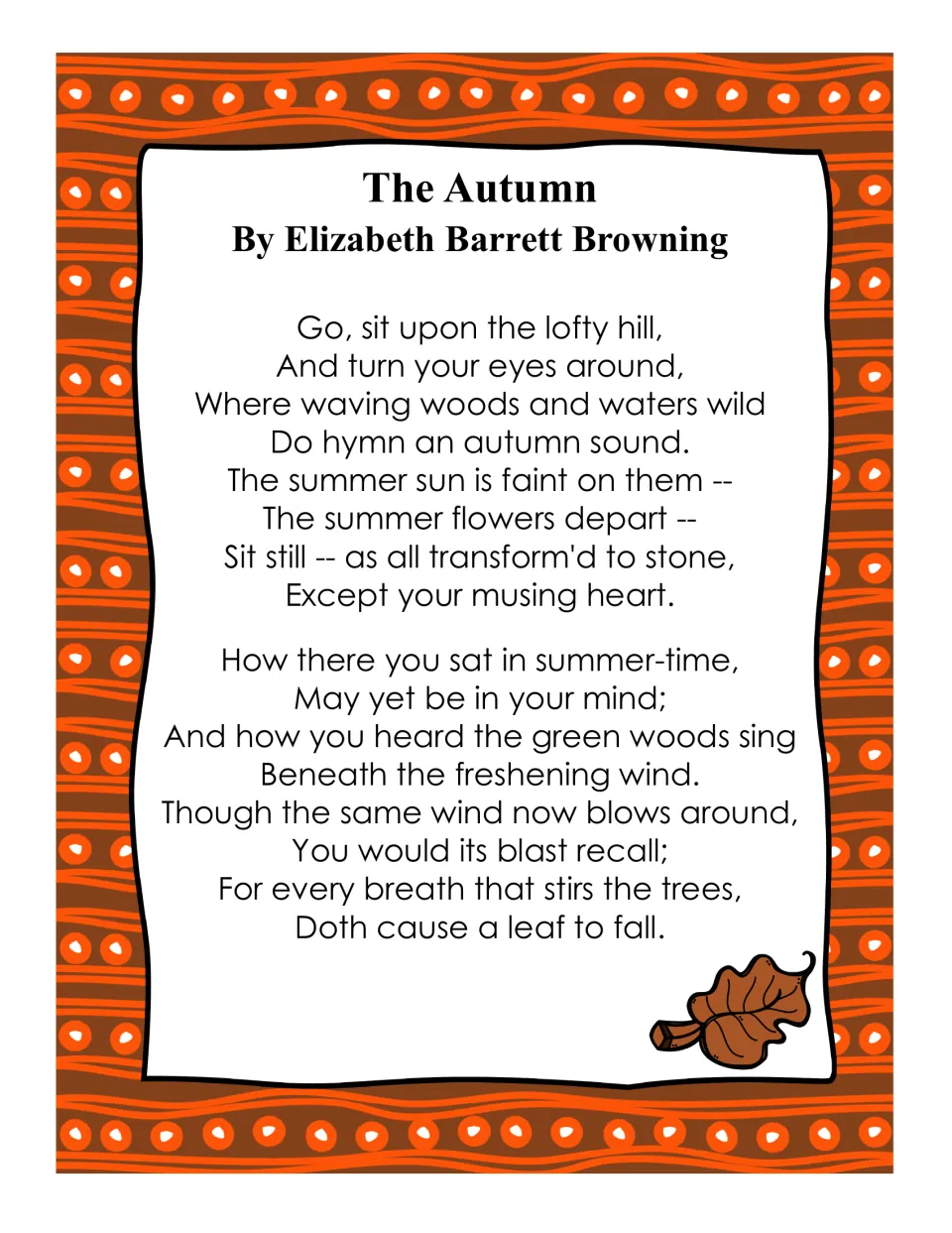 'The Autumn' by Elizabeth Barrett Browning, two stanzas beginning 'Go, sit upon the lofty hill'
