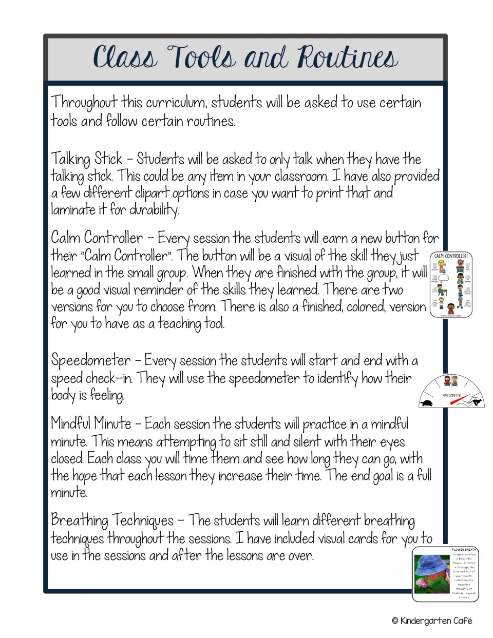 Class tools guide explains the talking stick, Calm Controller, speedometer, mindful minute, and breathing