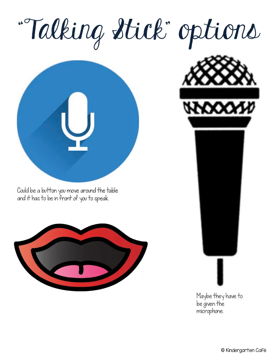 Talking stick printables include a microphone symbol, mouth, and handheld microphone for taking turns speaking