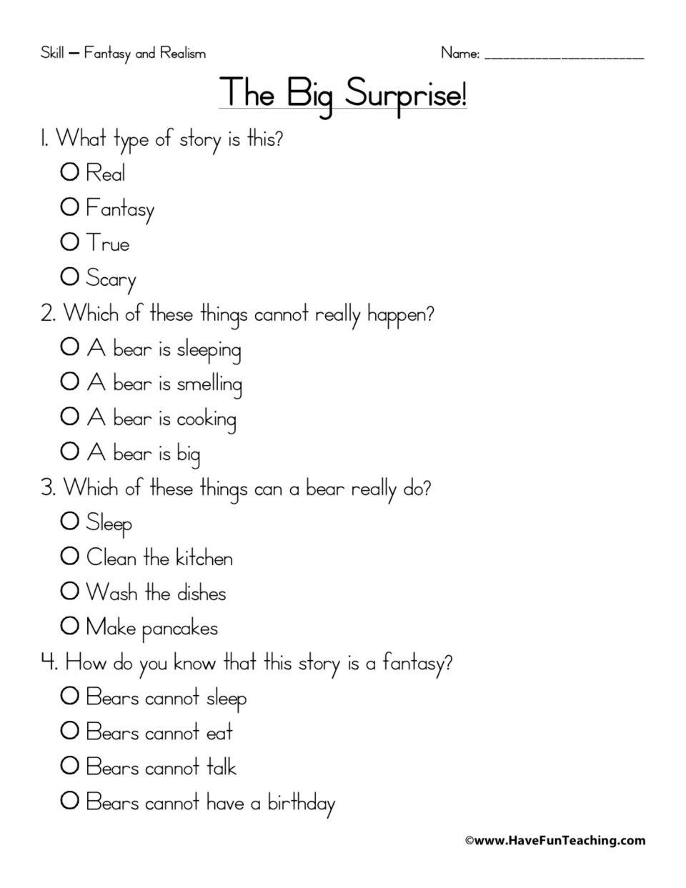 The Big Surprise! questions: students answer 4 multiple-choice items on what bears can really do versus fantasy