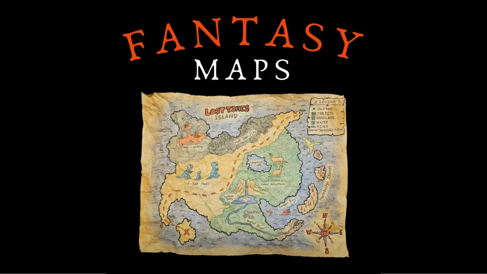 Fantasy Maps presentation cover featuring a sample imagined island map titled Lost Times Island