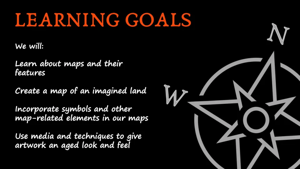 Learning goals slide: learn map features, create an imagined land, add symbols, and give artwork an aged look