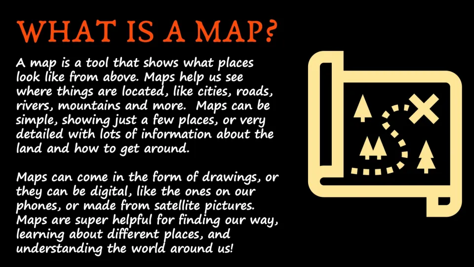 Map introduction slide explaining views from above, locating places, and drawn, digital, and satellite maps
