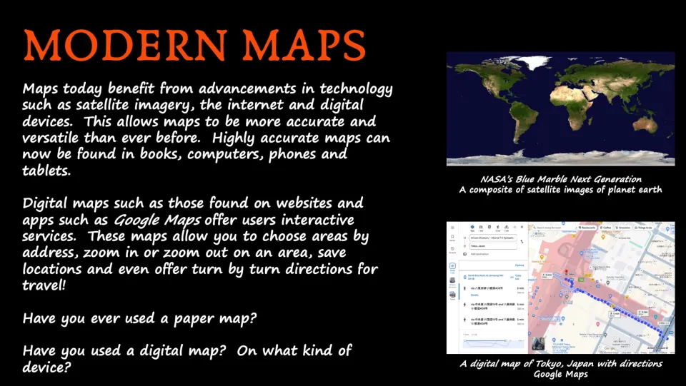 Modern maps slide explaining satellite imagery and digital navigation, with NASA and Google Maps examples