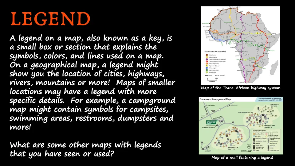 Map legend lesson slide explaining symbols, colors, and lines through highway and campground map examples