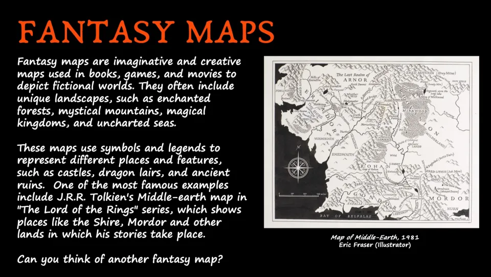 Fantasy map lesson slide describing fictional landscapes and symbols, with a Middle-earth map example
