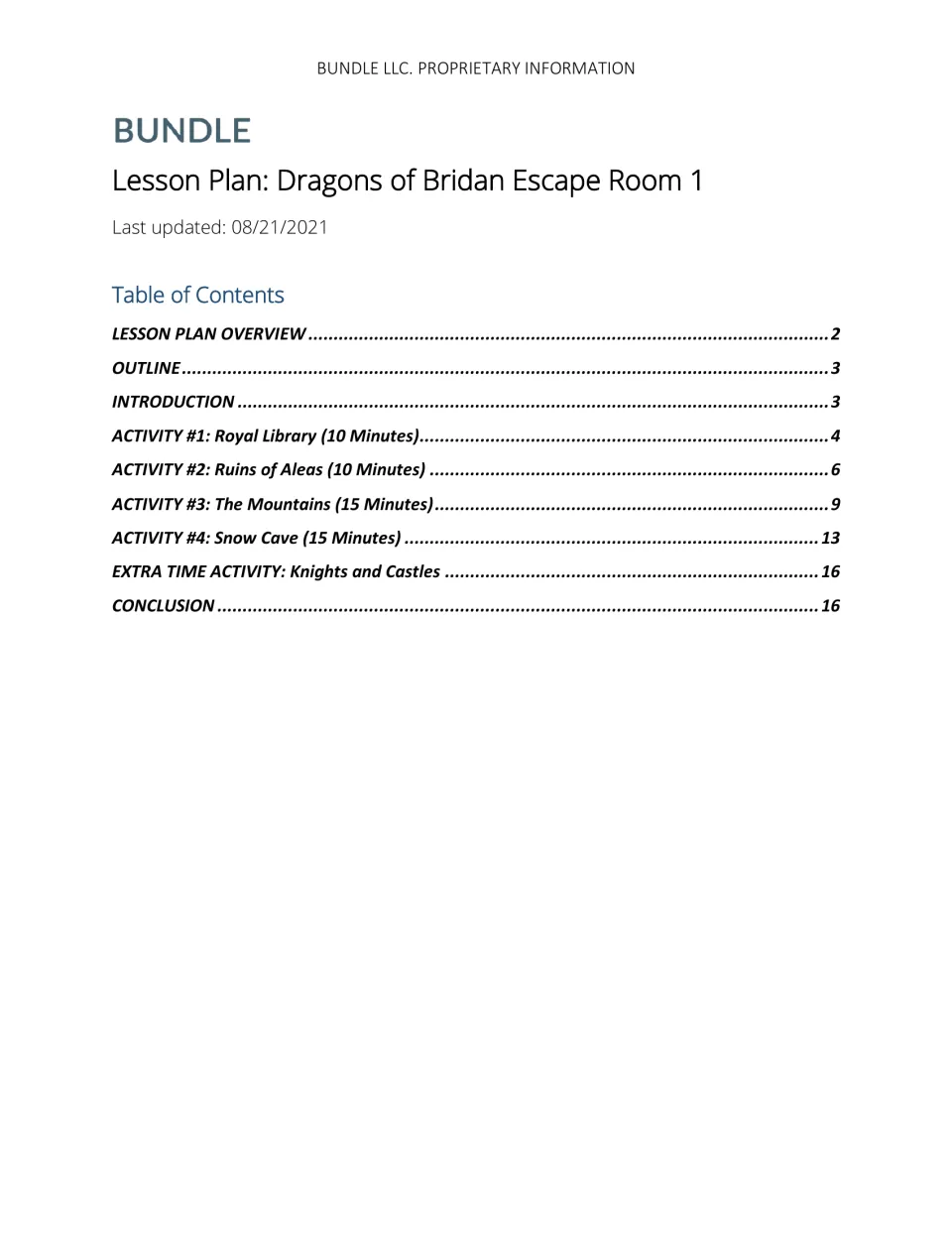 Lesson plan cover and contents listing Royal Library, Ruins of Aleas, The Mountains, and Snow Cave activities