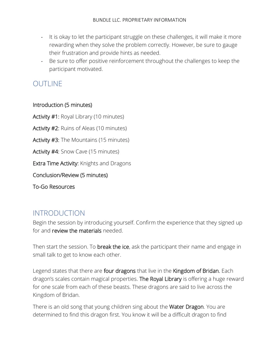 Lesson outline with four timed activities and an introduction to the Kingdom of Bridan's Water Dragon quest