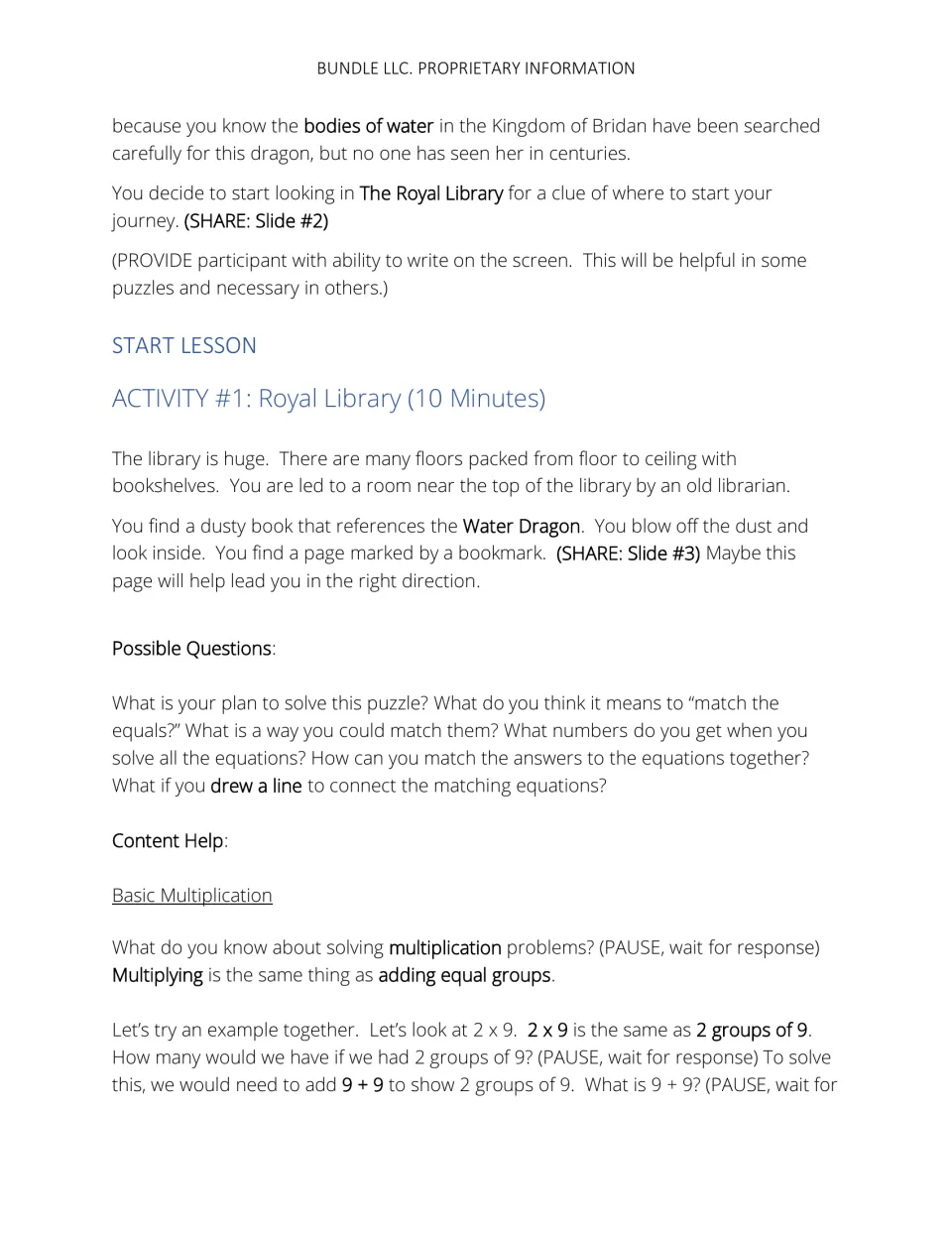 Royal Library activity script introduces matching equal answers and models multiplication with 2 × 9