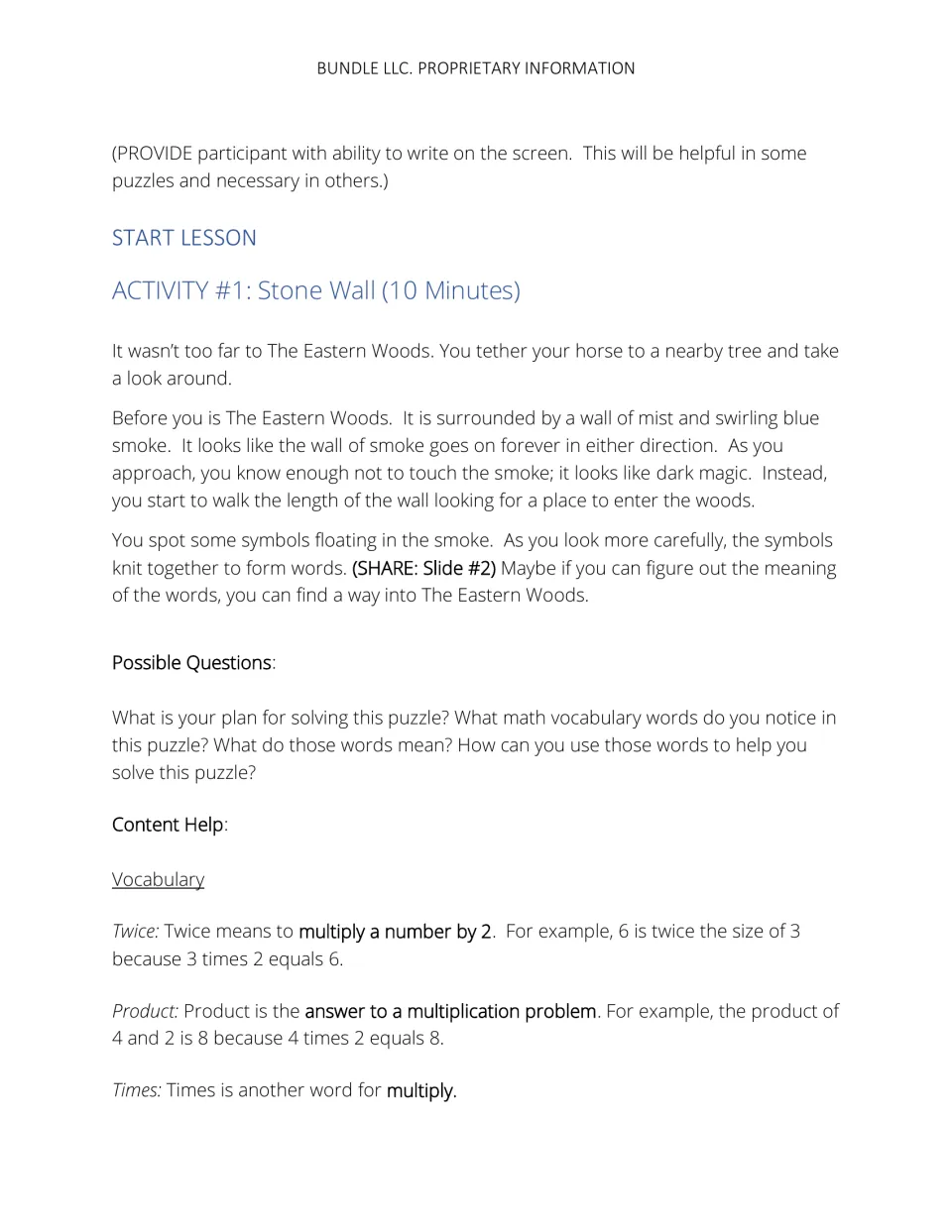 Stone Wall challenge introduction with teacher prompts and definitions of twice, product, and times