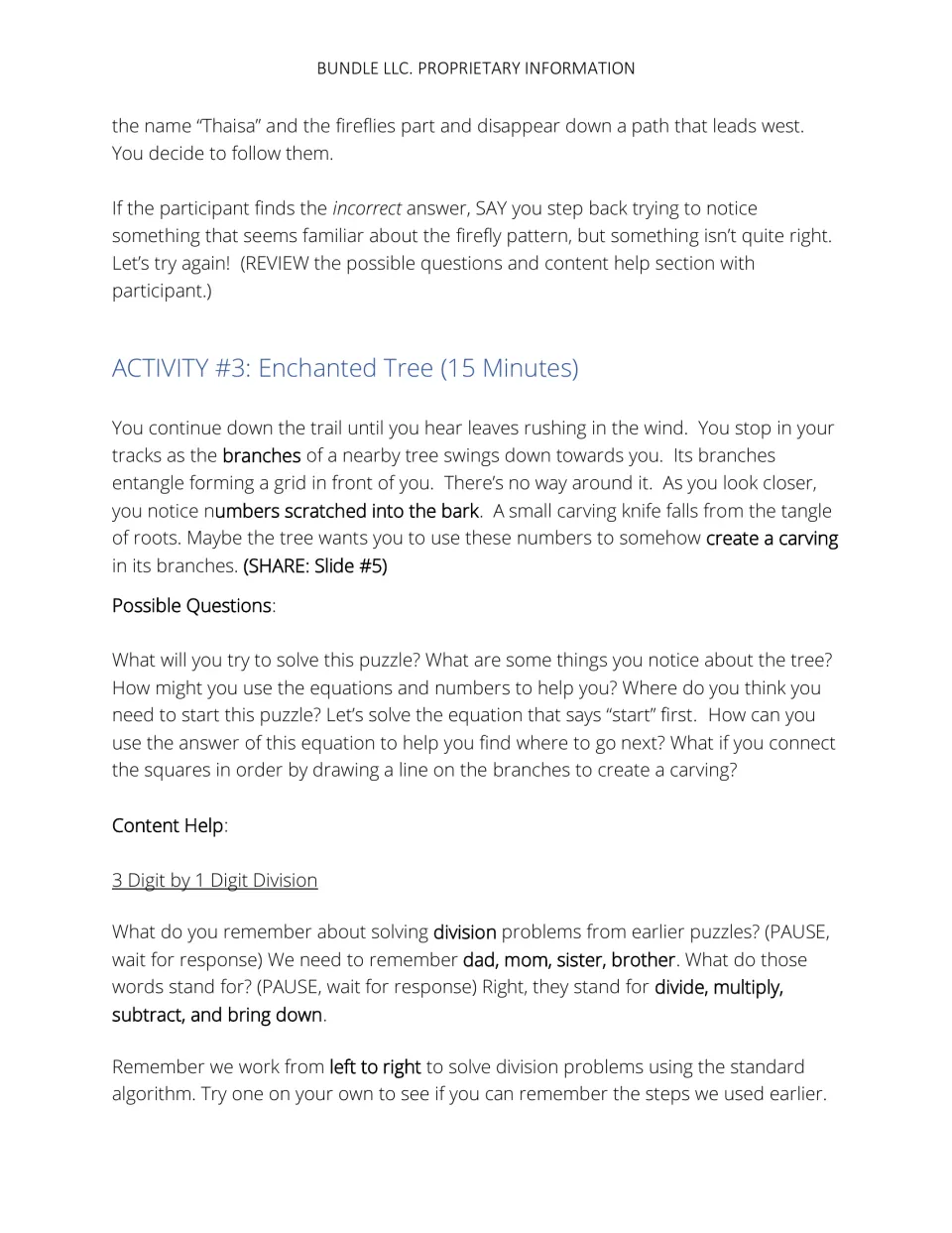 Enchanted Tree challenge introduction with prompts for connecting answers and a review of long division