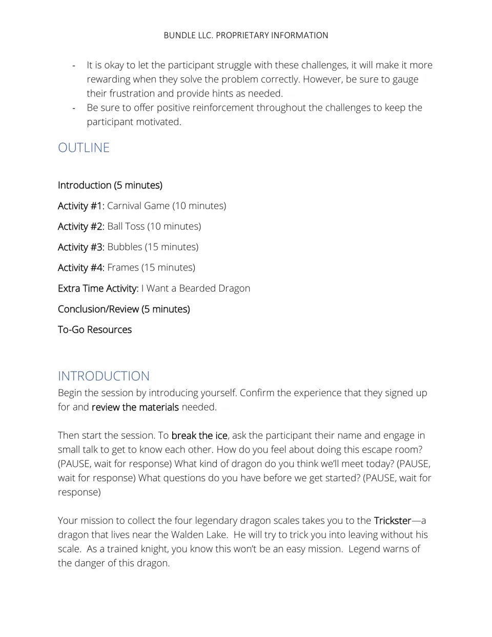 Lesson outline and introduction script with timed challenges and a mission to meet the Trickster at Walden Lake