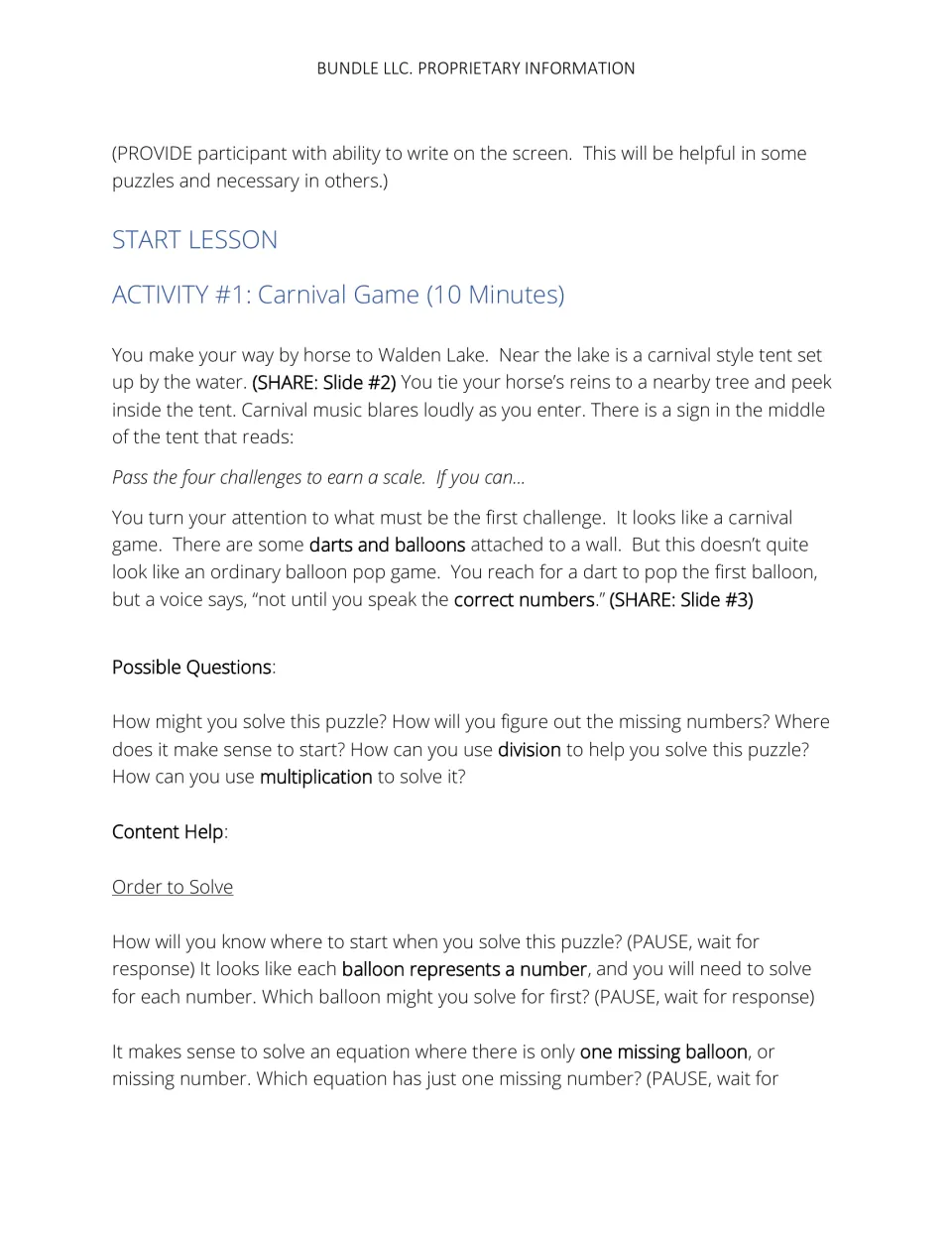 Carnival Game instructor script introduces balloon number puzzles and prompts for choosing an equation to solve