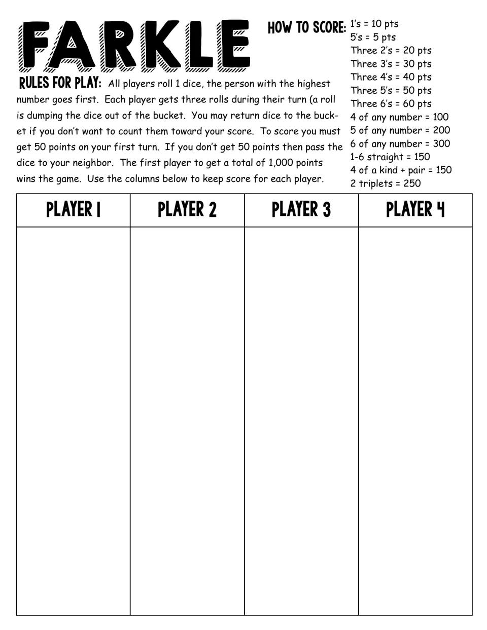 Farkle scoring in tens: rules and point chart (1's = 10) with score columns for four players racing to 1,000