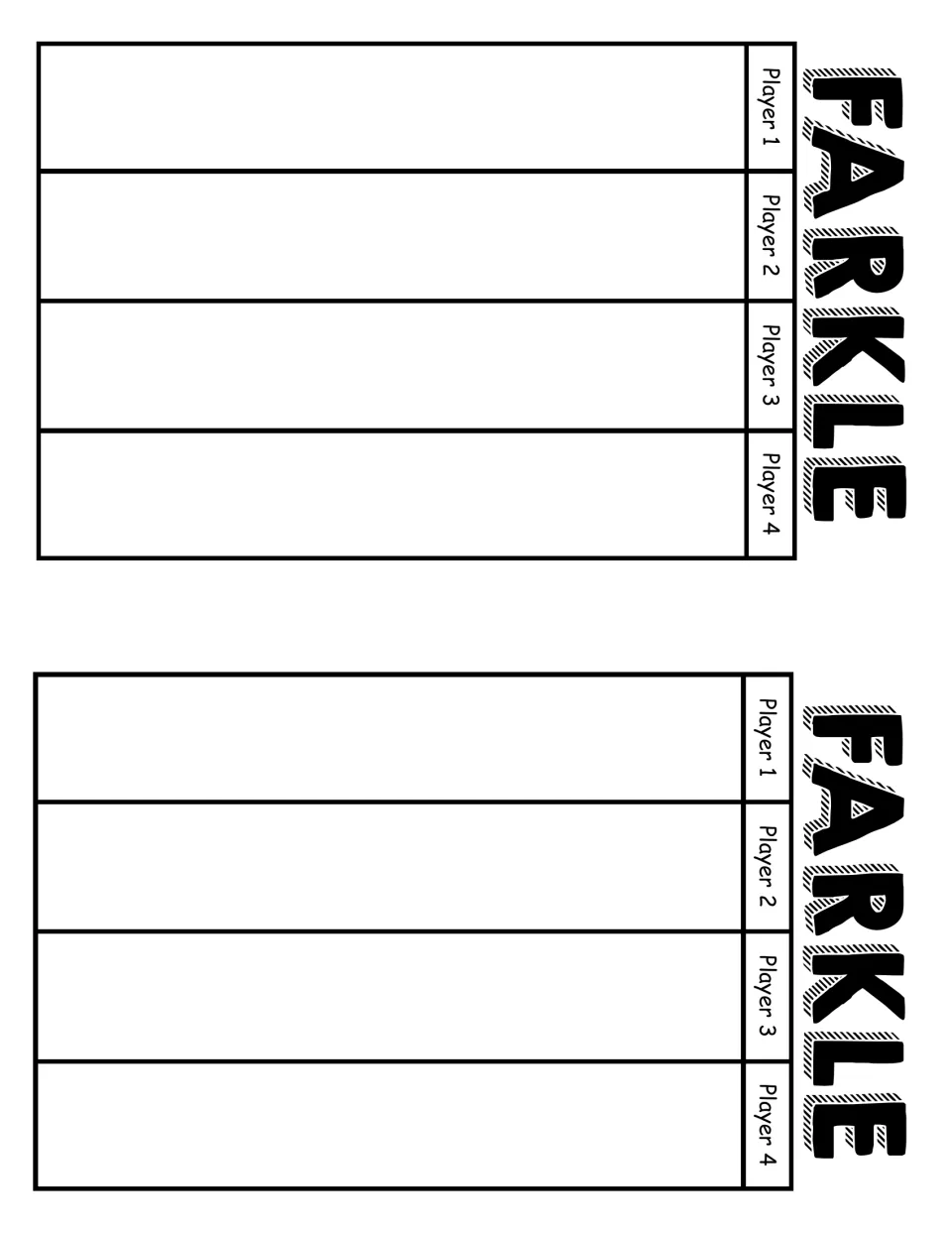 Farkle small score cards: two cards, each with Player 1 to Player 4 columns for tracking running point totals
