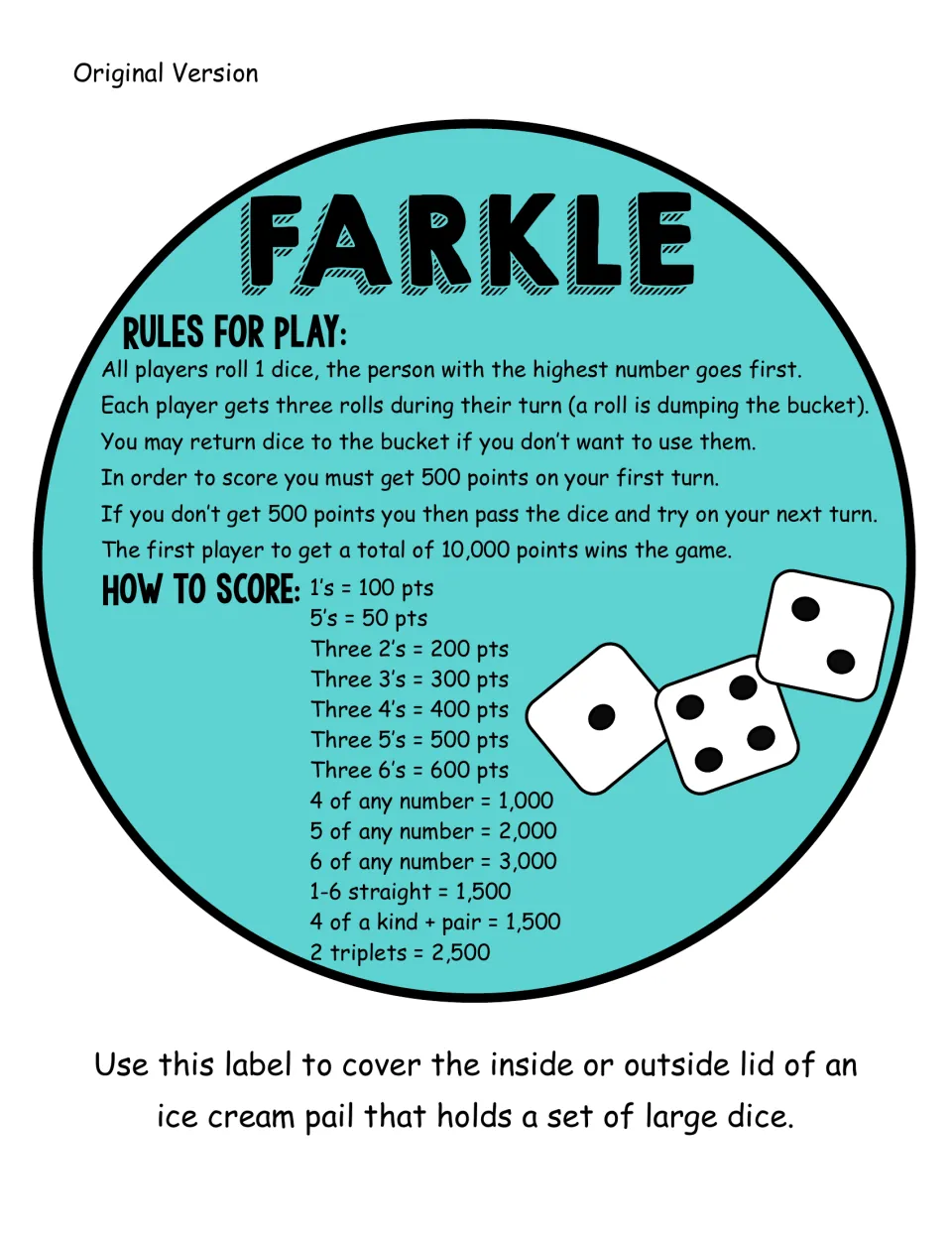 Original version lid label in teal: Farkle rules, 500-point opening score, 10,000 to win, scoring from 100 to 3,000