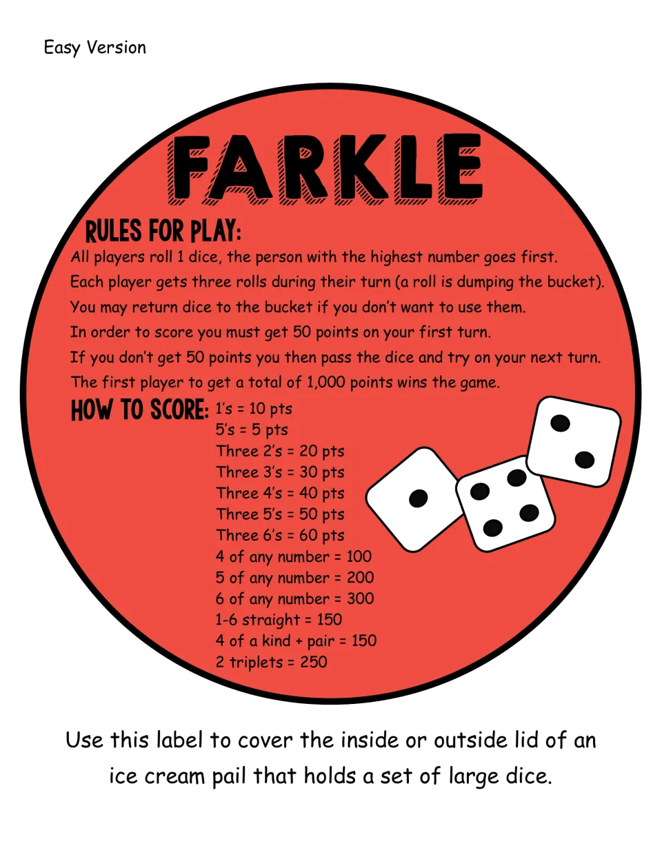 Easy version lid label in red: Farkle rules and point values in tens, with 50 to start scoring and 1,000 to win