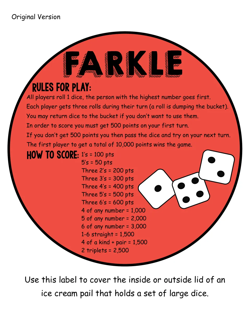 Original version lid label in red: Farkle rules and point values in hundreds, with 500 to start scoring and 10,000 to win