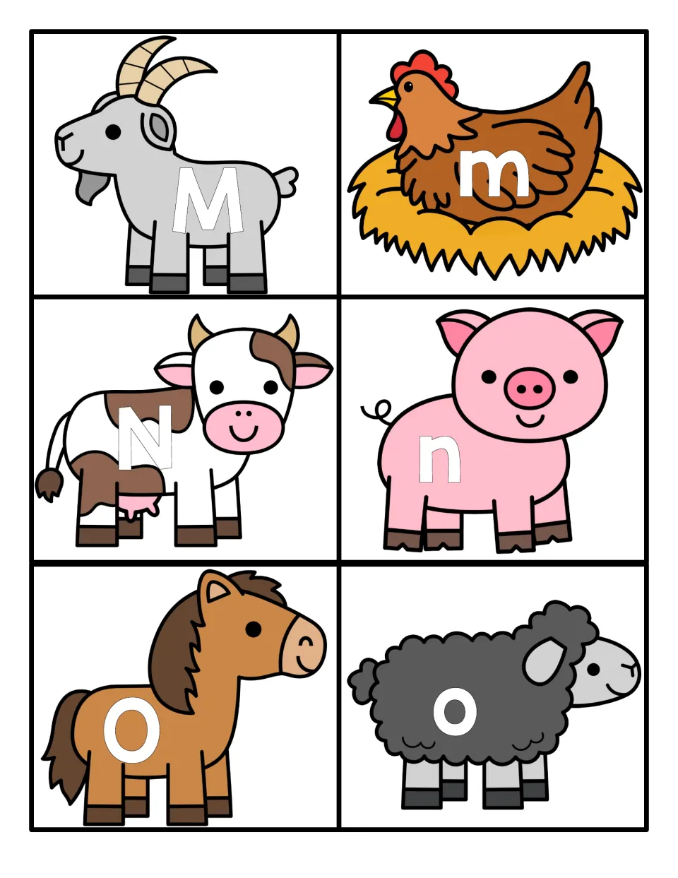 Letters M, N and O: uppercase M, N, O printed on goat, cow and horse; lowercase m, n, o on hen, pig and sheep for pairing