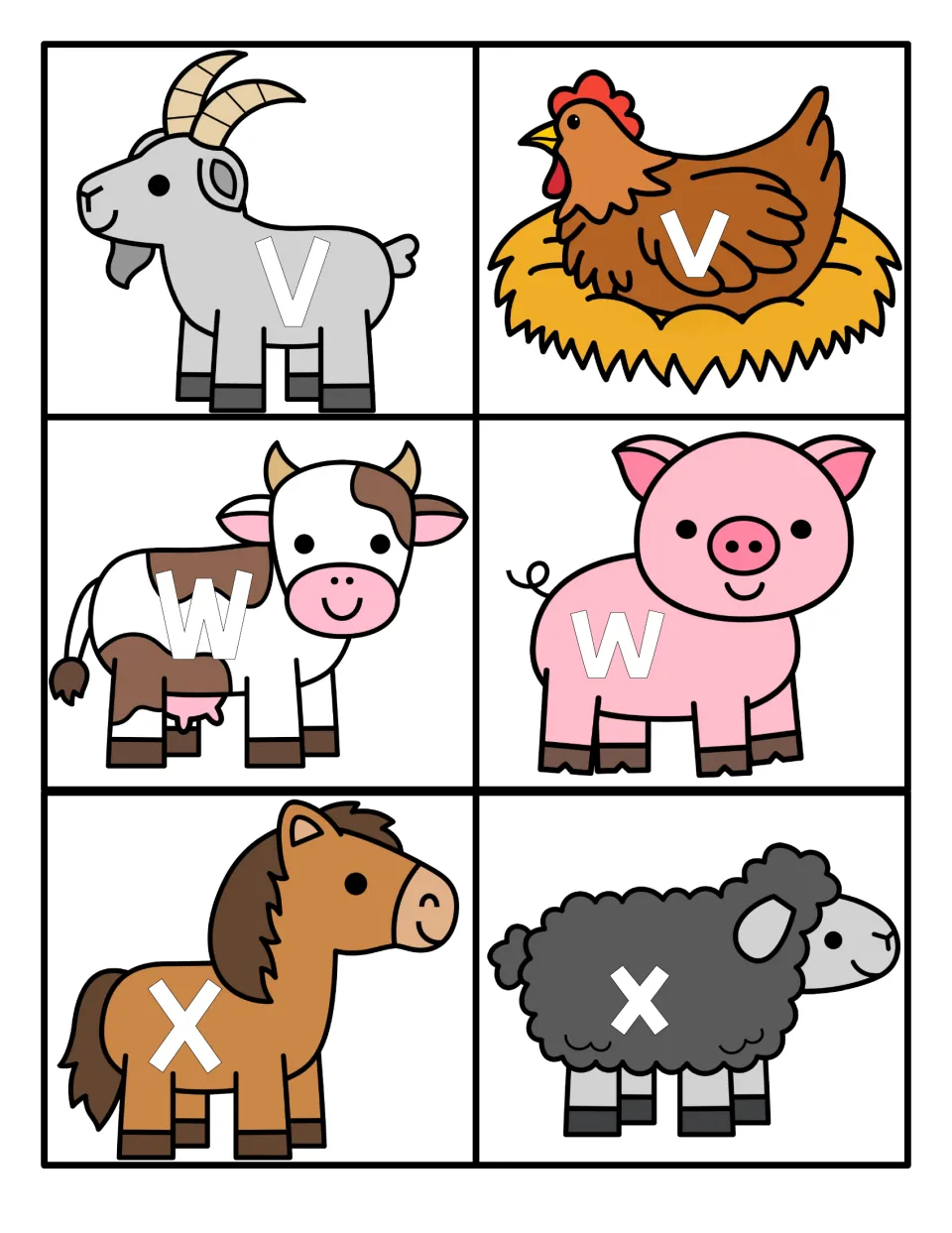 Letters V, W and X: capital V, W, X on goat, cow and horse with lowercase v, w, x on hen, pig and sheep to be paired
