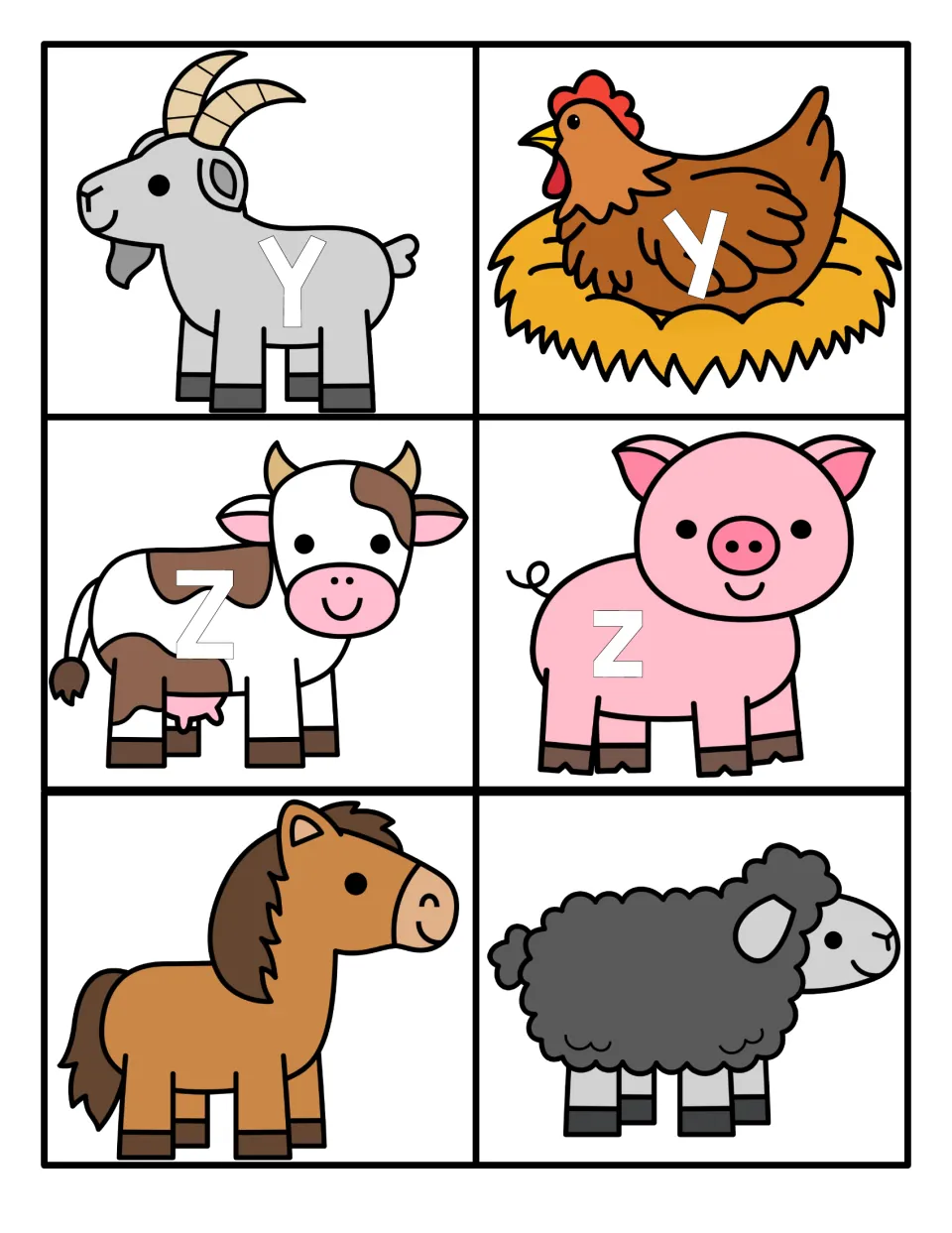 Letters Y and Z: capital Y and Z on goat and cow, lowercase y and z on hen and pig; horse and sheep cards have no letter