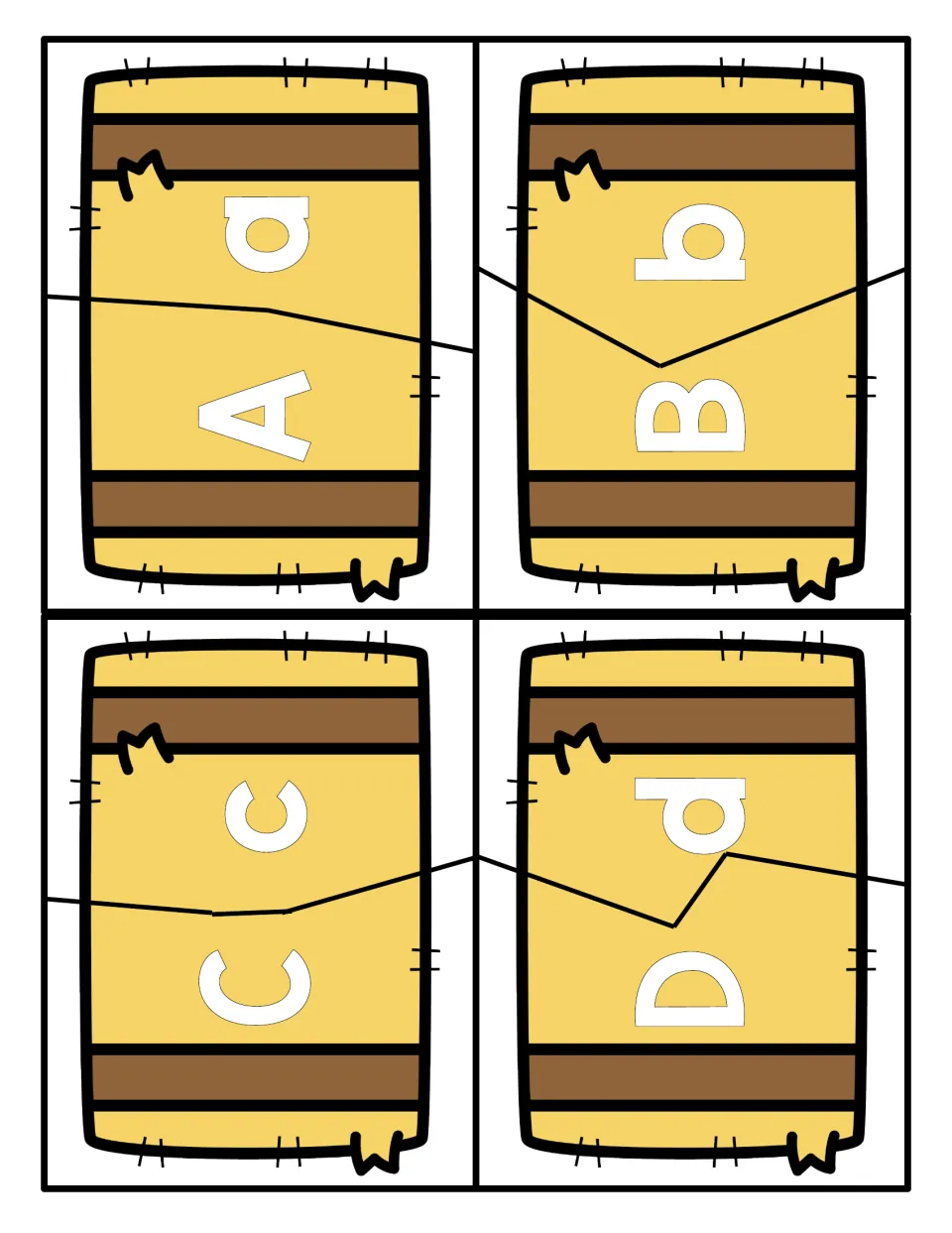 Letter matching A to D: four hay bale puzzles cut in two so students join uppercase A, B, C, D to lowercase a, b, c, d