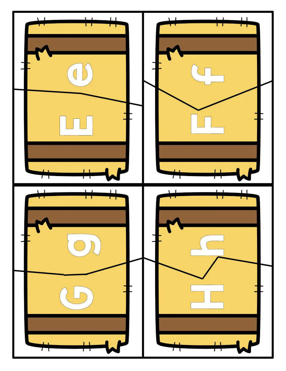 Letters E to H on hay bale puzzles: students fit each uppercase E, F, G, H piece to its lowercase e, f, g, h half
