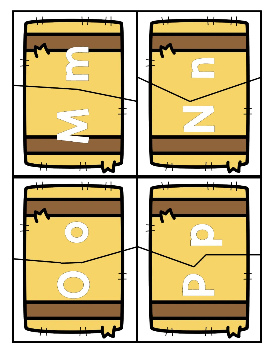 Uppercase and lowercase matching for M, N, O and P: students rejoin two-part hay bale puzzles by pairing each letter