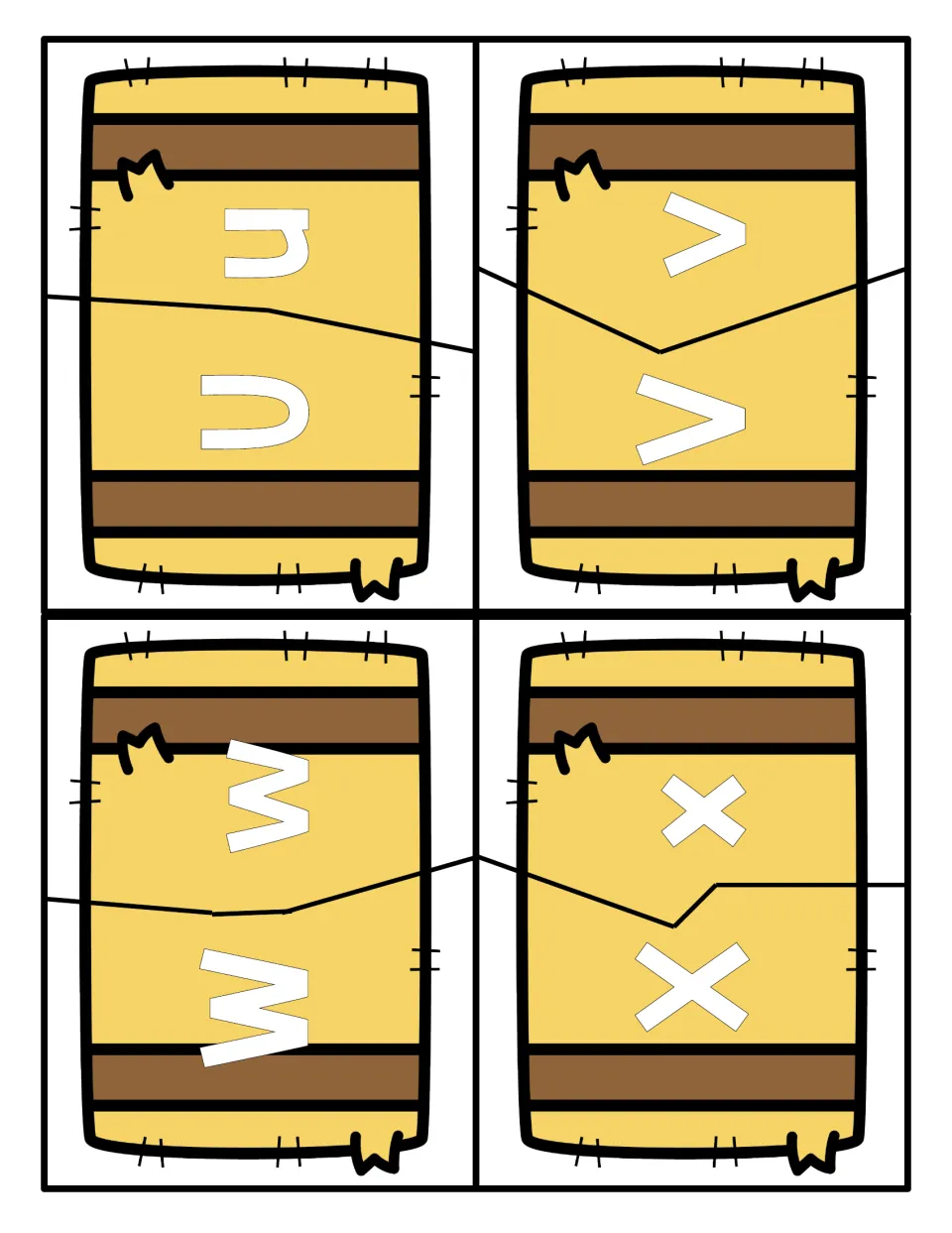 Letters U, V, W and X: four two-piece hay bale puzzles where students join each uppercase letter to its lowercase form