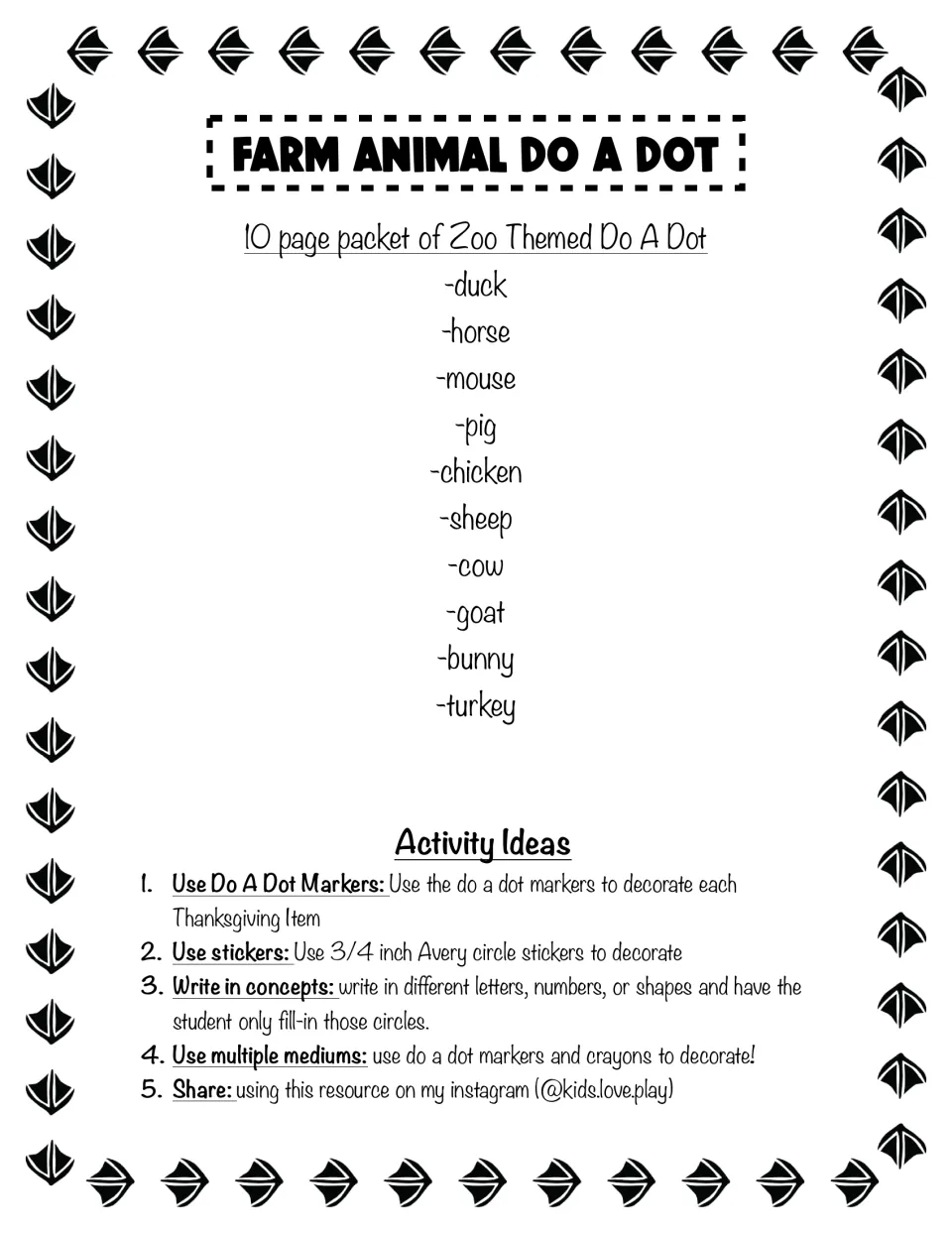 Farm Animal Do A Dot title page listing 10 animals from duck to turkey, plus five activity ideas such as stickers
