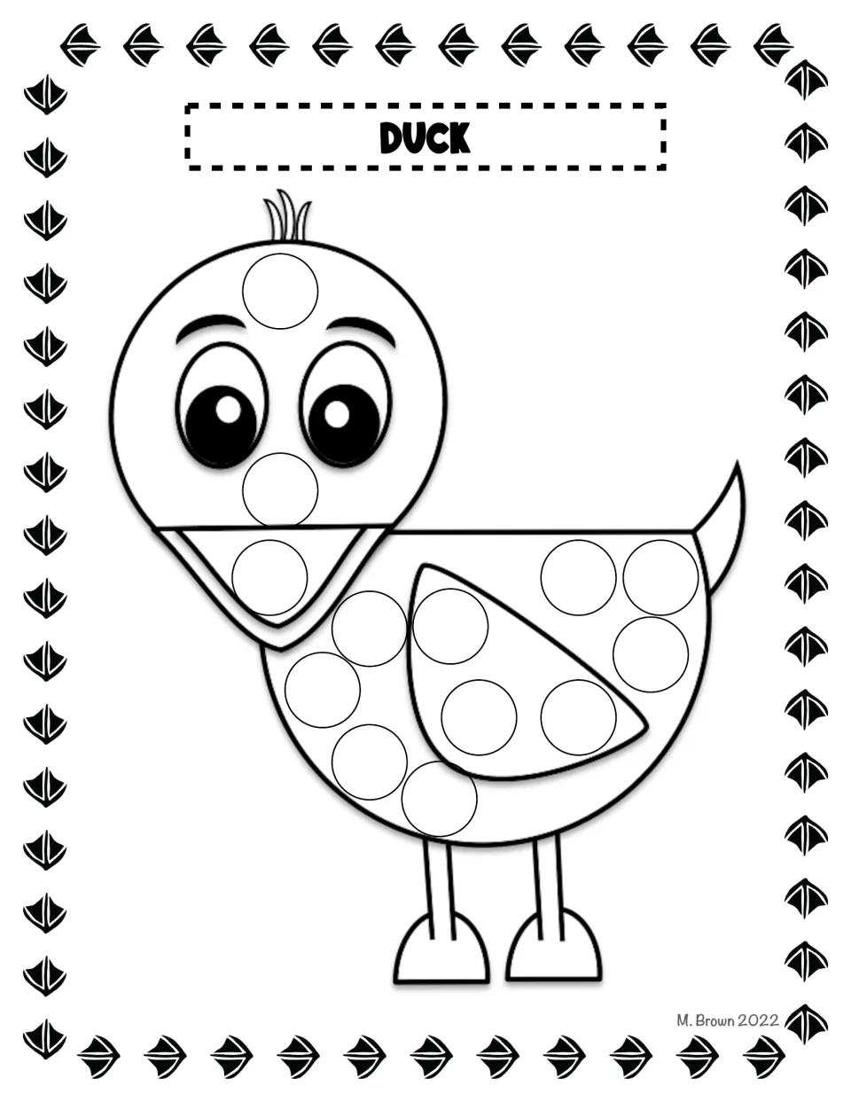 Duck dot page: children stamp a dot marker in each empty circle on the cartoon duck's head, beak, body and wing